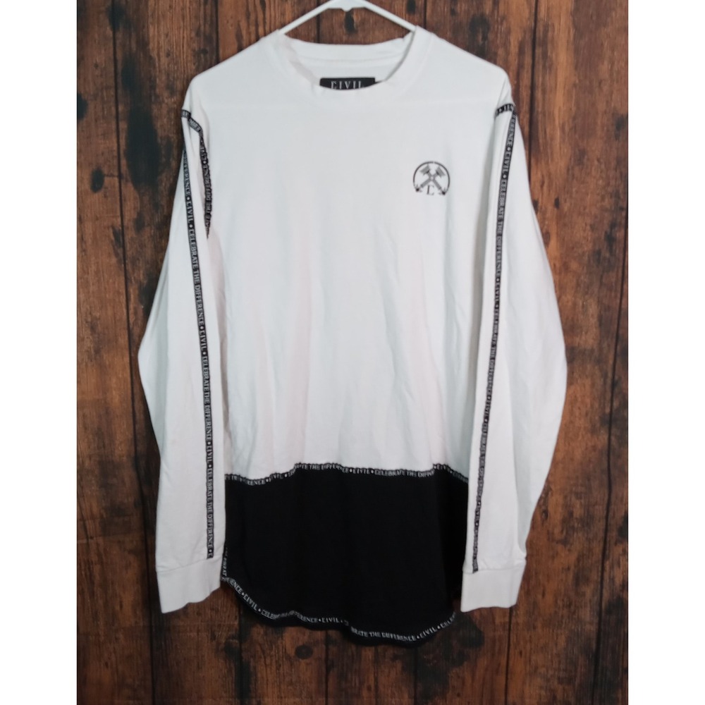 Civil Regime Mens White Black Colorblock Long Sleeve Logo Taping Shirt Medium